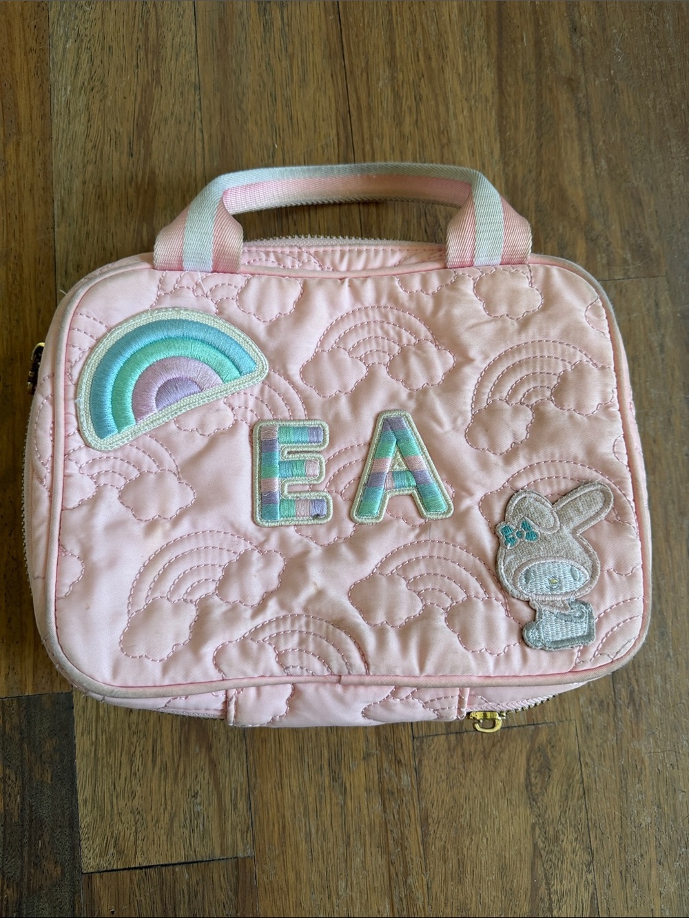 Stoney Clover Lane Pink Quilted Lunch Bag with Pastel Rainbow & Bunny
